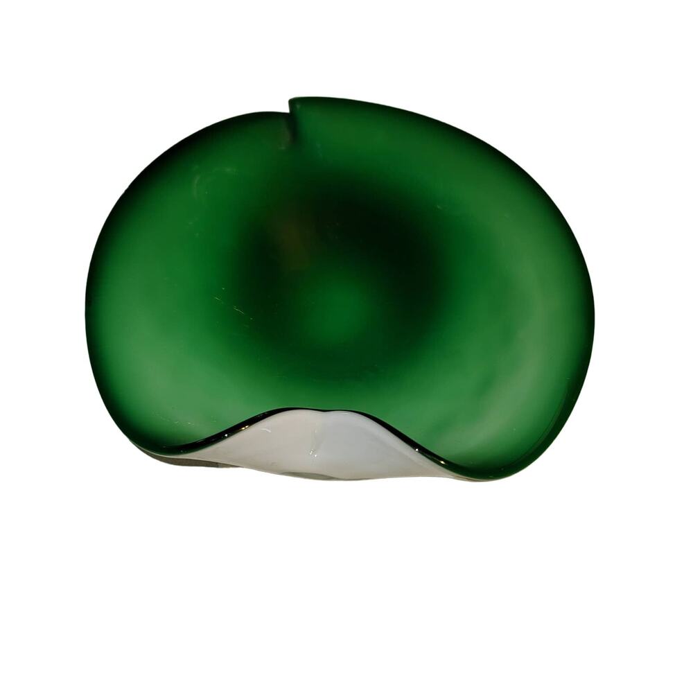 Murano Swirl Quilted Glass Bowl Green Mid Century Small 7 in Cased White